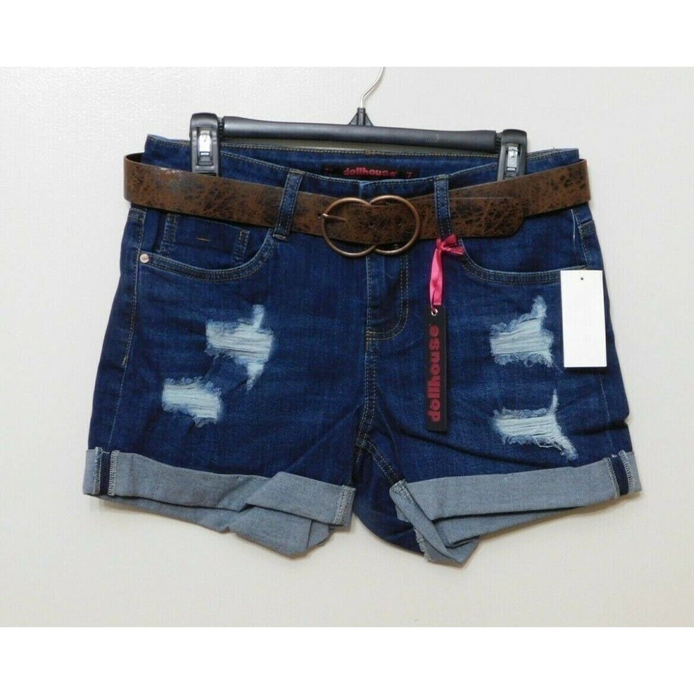 JR1 Dollhouse Blue Juniors' Distressed Belted Cuffed Denim Shorts - Size 7